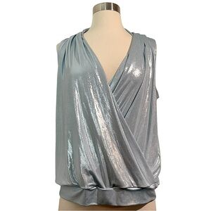 INC Y3K Light Aqua Blue Shimmering Metallic Faux Wrap Sleeveless Blouse M‎